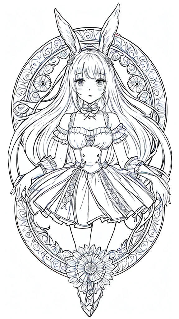 (Bunny girl:1.5), 8k, black and white drawing of circular design, intricate thin lines, centering radial design, coloring pages, simplified zentangle, coloring book outline, black and white only, no outline, intricate designs, coloring book, celtic design, intricate lines, no gradients