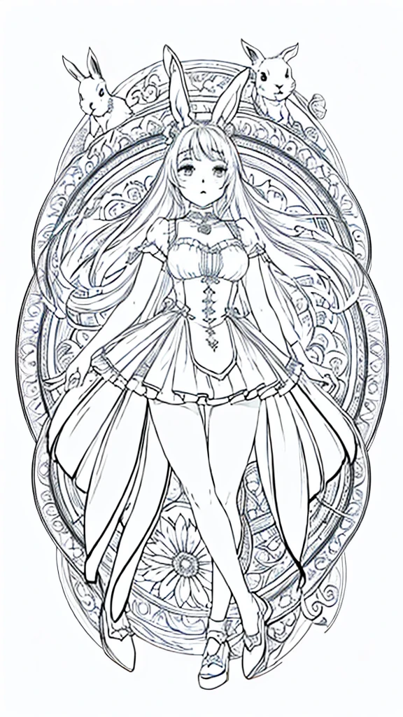 (Bunny girl:1.5), 8k, black and white drawing of circular design, intricate thin lines, centering radial design, coloring pages, simplified zentangle, coloring book outline, black and white only, no outline, intricate designs, coloring book, celtic design, intricate lines, no gradients