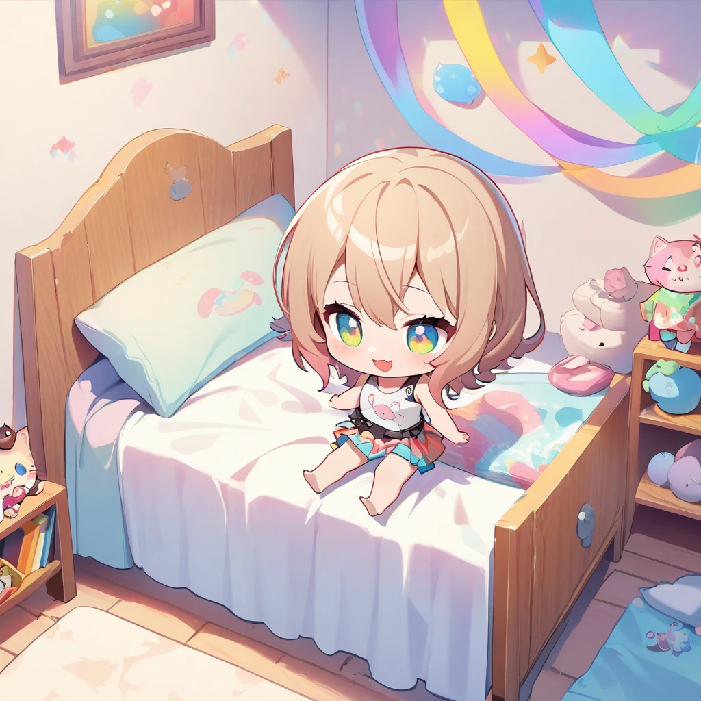 masterpiece、Highest quality、Depth of subject、((2D illustration))、1 beautiful girl、((colorful))、(((chibi style)))、((Long, beautiful hair))、Light brown hair、hair between eyes、cute、Beautifully detailed eyes、Tank top、((mini skirt))、(((vivid color))、((bed))、((full body shot))、((Very happy face))、((kitten))、stuffed toy、((There&#39;s a lot of pink around))、((Lens flare))、White light is shining、My whole body was filled with light