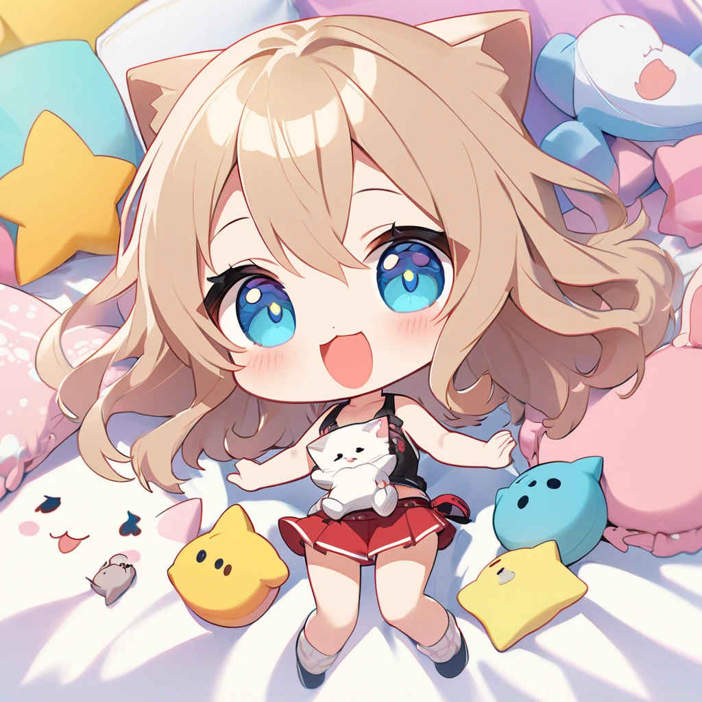 masterpiece、Highest quality、Depth of subject、((2D illustration))、1 beautiful girl、((colorful))、(((chibi style)))、((Long, beautiful hair))、Light brown hair、hair between eyes、cute、Beautifully detailed eyes、Tank top、((mini skirt))、(((vivid color))、((bed))、((full body shot))、((Very happy face))、((kitten))、stuffed toy、((There's a lot of pink around))、((Lens flare))、White light is shining、My whole body was filled with light