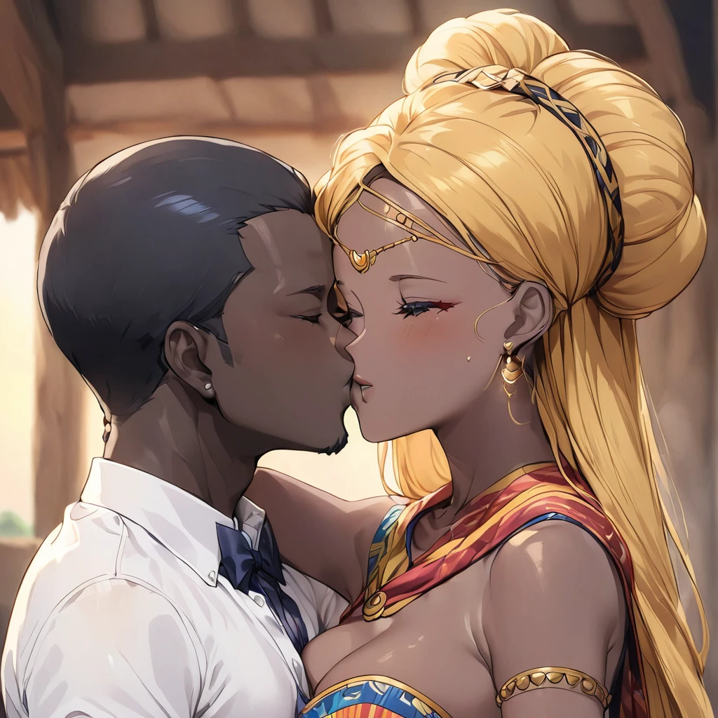 ((Highest quality)), ((masterpiece)), (detailed), (Perfect Face)、The woman is a Ghanaian born Tsukino Usagi with a vivid dark skin, black by birth, and is wearing a colorful Ghanaian dress from a Ghanaian village, a colorful turban head scarf, gorgeous jeweled accessories, and an engagement ring.、The woman is the elegant Tsukino Usagi, with her short black afro hair tied up in a Ghana braid, wearing a colorful Ghanaian dress and a colorful turban head scarf, with vibrant dark brown skin, a natural-born black person, and a natural-born Ghanaian, Tsukino Usagi.、(The woman is a black Ghanaian with vivid dark brown skin.)、A woman and a man are getting married in a village in Ghana, embracing each other and kissing each other in a vow ceremony.、The man is a dignified, bearded, elderly Ghanaian village elder.