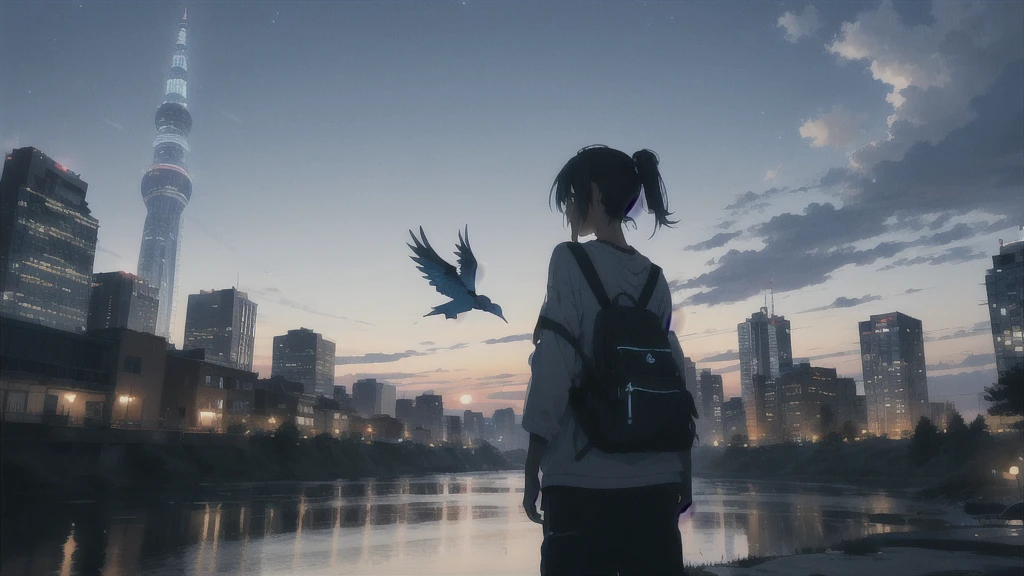 真っ暗なnight空,Octane, star (null), scenery, Blue parakeet,The acoustic guitar is in front of the body.,star, night, One Girl, Back view, alone, Outdoor, city,river,Blue parakeet,building, cloud, 天のriver, Back to back,silhouette
