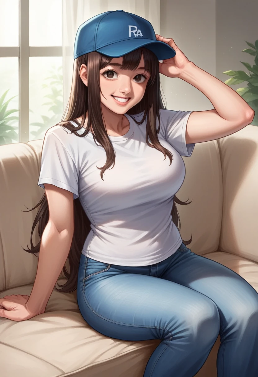 A 20 year old beautiful japanese women sitting on a sofa , blacktanktopwithjeans ,sitting in the couch,smile, longhair with bangs(photorealistic:1.4), best quality,( raw 8k photo:1.4), (extremely detailed japanese beautiful girl), (extremely detailed eyes:1.1), (cute face:1.2), ultra-detailed, ultra high res, amazing,baseball cap,(gutspose:1.2),Big Smile,