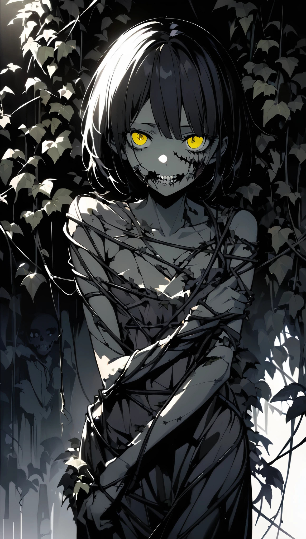 (最high quality:1.24, Very detailed, Delicate and beautiful CG art, Detailed illustrations, High Contrast, masterpiece:1.2, 最high quality, Best aesthetics), alone:1.2, ((zombieの女性:1.2)), (Small face), rotting skin, Rotten Face, A decaying body:1.1, Long eyelashes, (Black short hair, Eyes that have lost their light), zombie, (Slim figure:1.4), ((Entangled in ivy)), ((Grit your teeth:1.2)), ((Detained, My arms and legs are tangled and I can&#39;t move them freely., Tattered clothes, Tentacle Plant)), (((A woman being restrained by green vines:1.5))), ((Bondage)), Sweat, Unstoppable dripping of bodily fluids, Ivy background, Discolored skin, Background blur, high quality, Surreal, Bright colors,