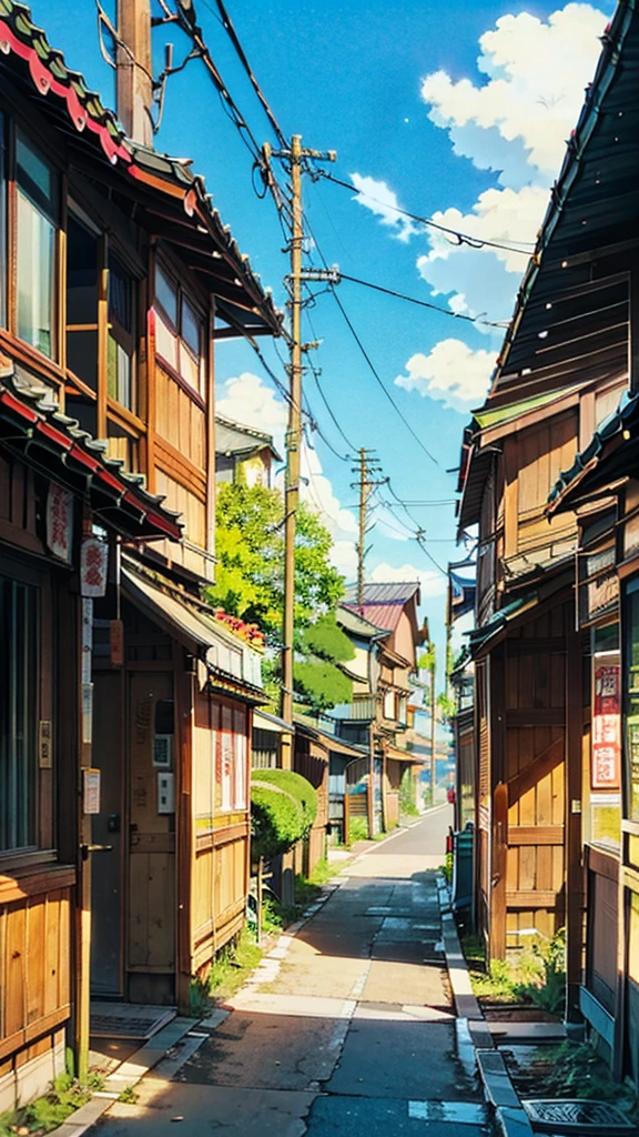 urban Japanese street next to stream of water, traditional Japanese lantern, (no one: 1), no one in sight, no people, best quality, anime, anime style, lofi, calm, row of building next to river, urban Japanese street next to stream of water, traditional Japanese lantern, (no one: 1), no one in sight, no people, best quality, anime, anime style, lofi, calm, row of building next to river, anime background, anime wallpaper, anime, anime style, lofi, lofi style, modern japanese street, modern japanese architecture, japanese convenience store, big retro japanese shop signs, retro japanese store, trees, plants, rocks, plant pots, shop signs, japanese banners, japanese signs, flags, sunrise, empty street, no one in sight, (no one: 1), best quality, rural tokyo, sun in sky, view from balcony of nearby apartment