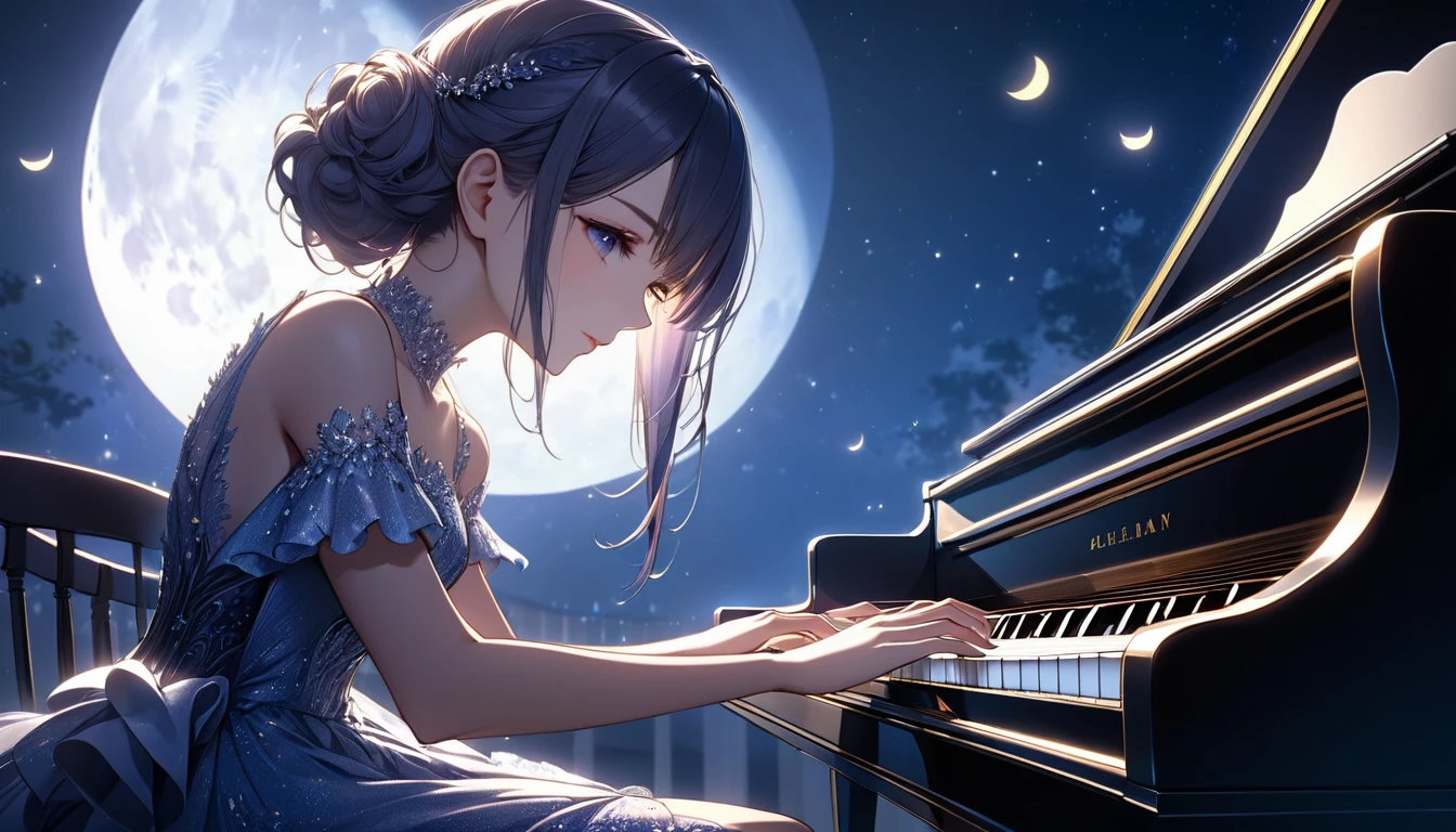 Beautiful girl playing piano under moonlight, anime style, See from a distance, Detailed face, Long eyelashes, elegant fingers, elegant dress, Soft moonlight, dramatic shadows, bright colors, Very detailed, 8K, fantasy, movie lighting, Realistic, Digital art