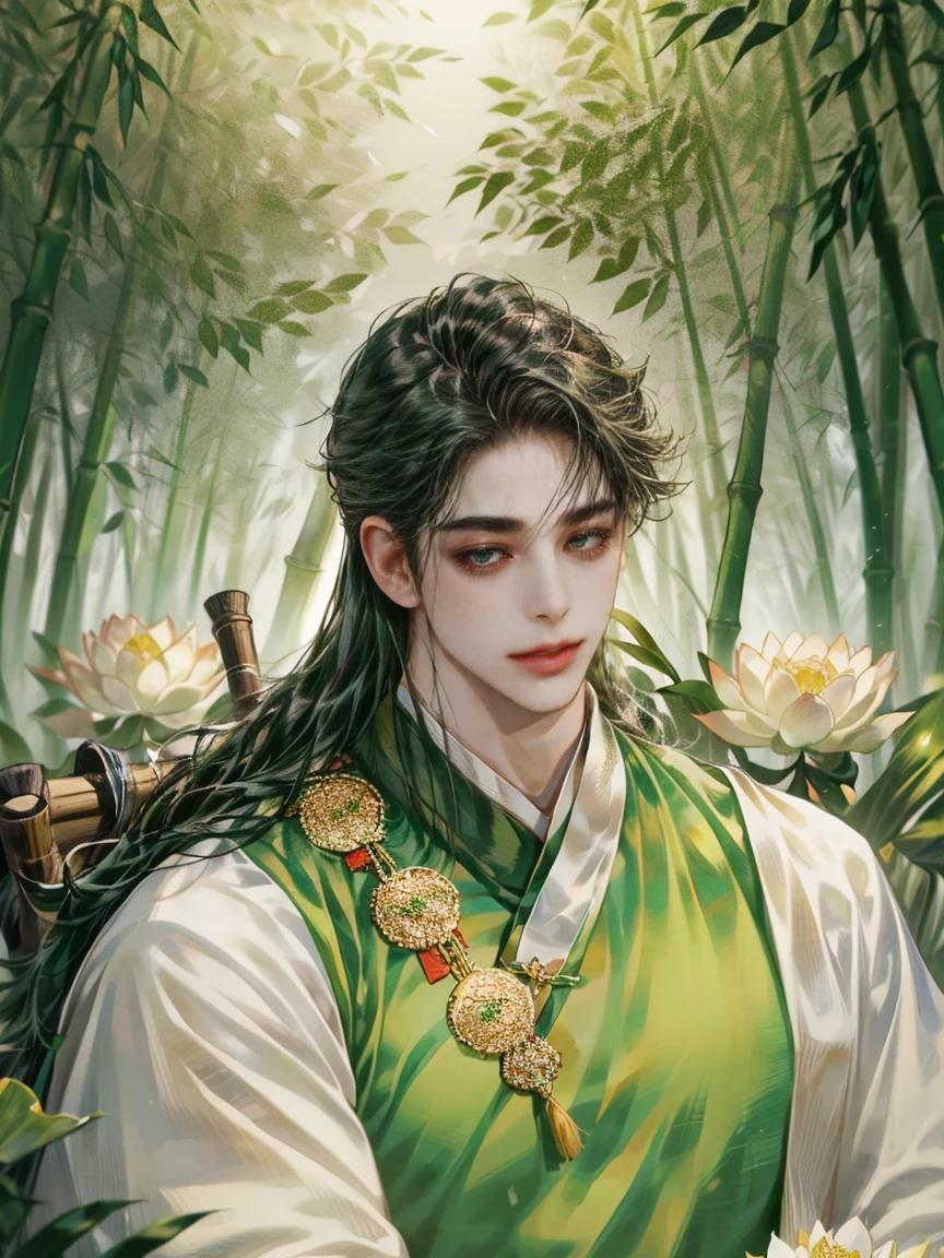 (((best quality))),masterpiece,ultra high resolution,extraordinarily beautiful youth, a bright, innocent smile,All green clothing,((boy 20 year old, green hanfu,green clothing, Chinese shirt style)) ,boy character ,((Thick black long hair)),beautiful face,detailed interior, detailed boy,((man)),(in bamboo forest), house China style, pure white lotus,beautiful and cute boy ,black eyes,((solo man)),(he has a Big eyes, charming lips, slim nose and small face),(slim figures ),