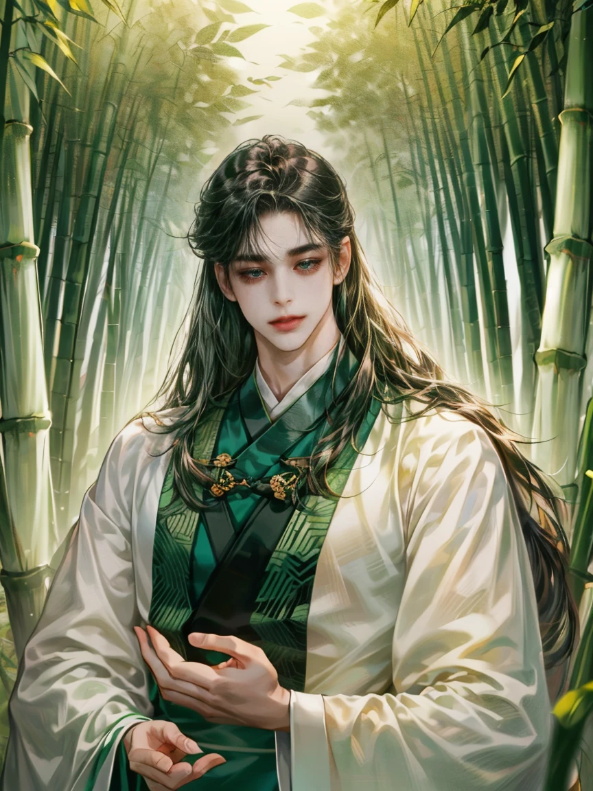 (((best quality))),masterpiece,ultra high resolution,extraordinarily beautiful youth, a bright, innocent smile,All green clothing,((boy 20 year old, green hanfu,green clothing, Chinese shirt style)) ,boy character ,((Thick black long hair)),beautiful face,detailed interior, detailed boy,((man)),(in bamboo forest), house China style, pure white lotus,beautiful and cute boy ,black eyes,((solo man)),(he has a Big eyes, charming lips, slim nose and small face),(slim figures ),