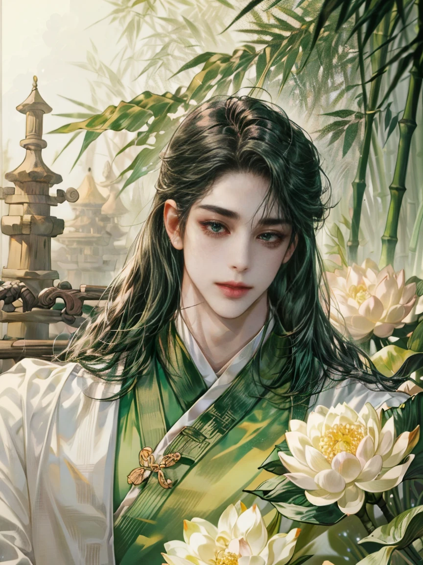 (((best quality))),masterpiece,ultra high resolution,extraordinarily beautiful youth, a bright, innocent smile,All green clothing,((boy 20 year old, green hanfu,green clothing, Chinese shirt style)) ,boy character ,((Thick black long hair)),beautiful face,detailed interior, detailed boy,((man)),(in bamboo forest), house China style, pure white lotus,beautiful and cute boy ,black eyes,((solo man)),(he has a Big eyes, charming lips, slim nose and small face),(slim figures ),