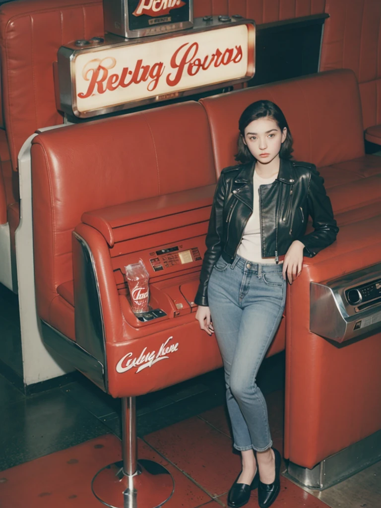 1950s teenager wearing a leather jacket and jeans, leaning against a jukebox in a classic diner with red booths and a soda fountain