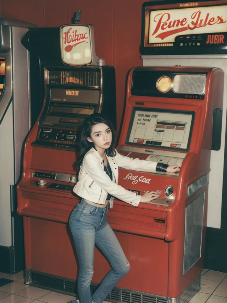 1950s teenager wearing a leather jacket and jeans, leaning against a jukebox in a classic diner with red booths and a soda fountain
