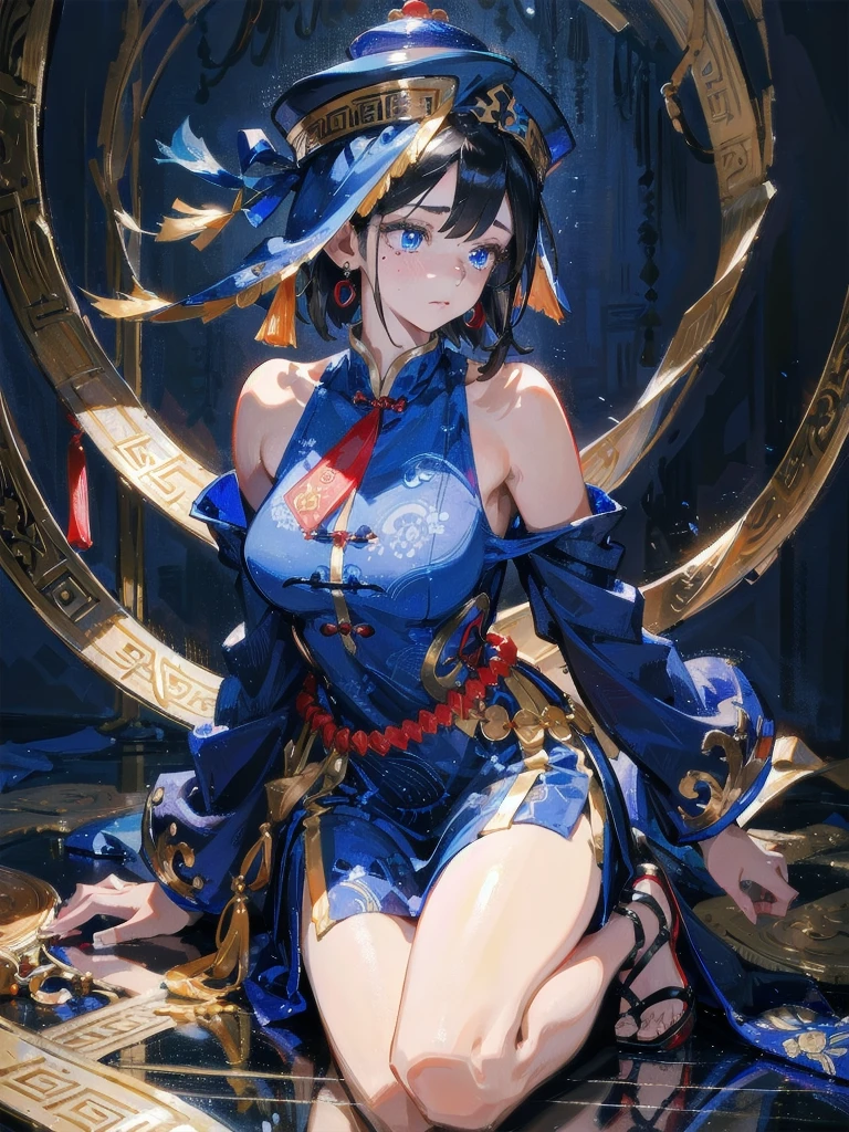 absurdres, RAW photo, extremely delicate and beautiful, masterpiece, Best Quality, ultra high resolution, 32k, hyperrealistic, ultra-detailed, in her 20s, delicate facial features, beautiful detailed girl, extremely detailed eyes and face, beautiful detailed eyes, tearful mole, earring, medium breasts, full body shot, shorter middle hair, black hair, jiangshi costume, hat, talisman, blue dress, chinese clothes, exposed shoulders, sandals,