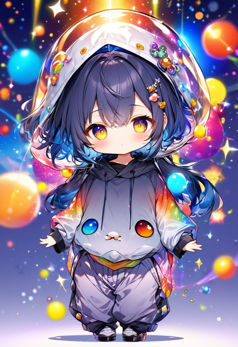 best quality, incredibly absurdres, extremely detailed, 2.5D, delicate and dynamic, chibi, cute girl, wearing baggy clothes, baggy pants, sparkly and vivid color effects, background another dimension