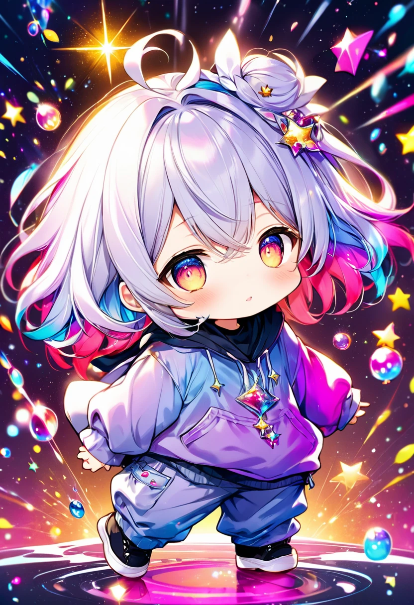 best quality, incredibly absurdres, extremely detailed, 2.5D, delicate and dynamic, chibi, cute girl, wearing baggy clothes, baggy pants, sparkly and vivid color effects, background another dimension