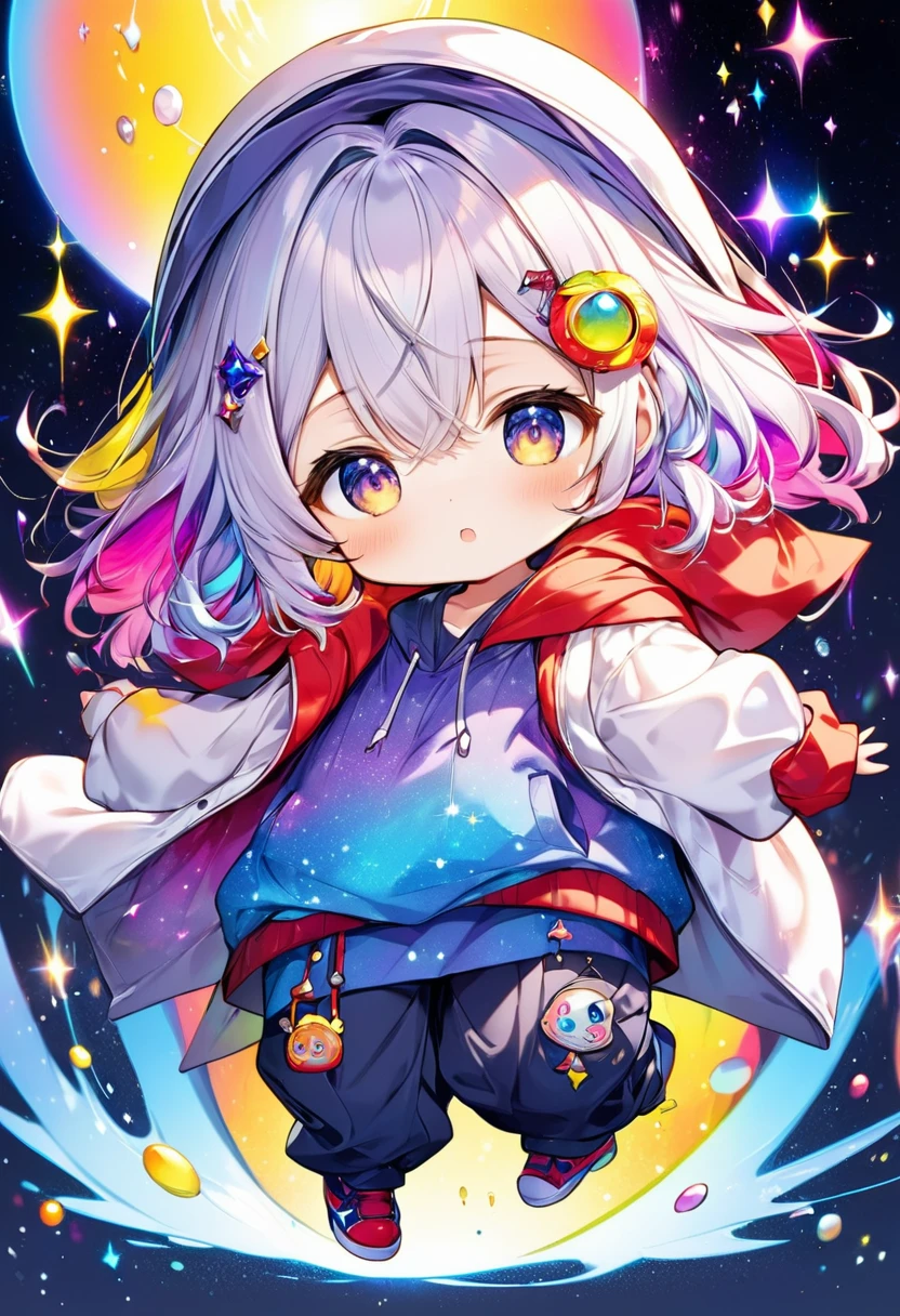 best quality, incredibly absurdres, extremely detailed, 2.5D, delicate and dynamic, chibi, cute girl, wearing baggy clothes, baggy pants, sparkly and vivid color effects, background another dimension
