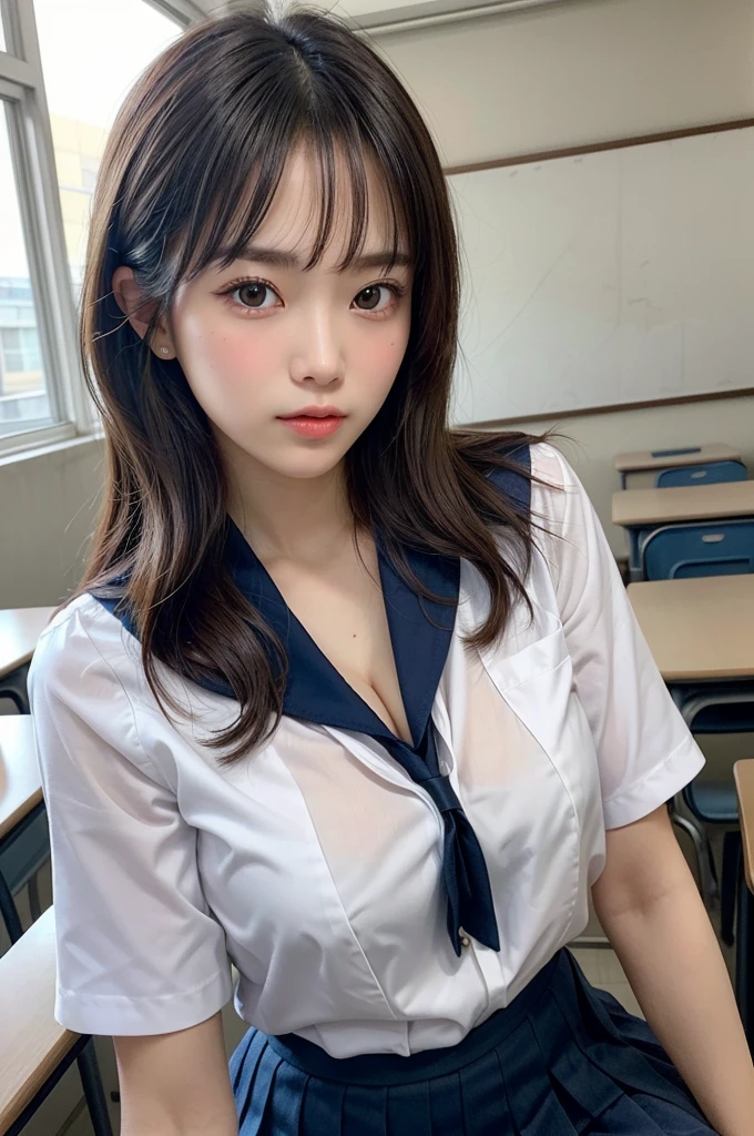(1girl), (Chignon hairstyle), (sexy look:1.5), (cleavage:1.3), (Highly detailed eyes, Highly detailed face), (Hyper-realistic, hight resolution), (Best Quality:1.4), (hyper quality), Authentic skin texture, Raw photo, (Realistic, Photorealsitic:1.37), highly detailed, Professional Photography, (school uniform, pleated skirt:1.3), (Staring at me), (School, classroom), (Show me your kissing face:1.4),