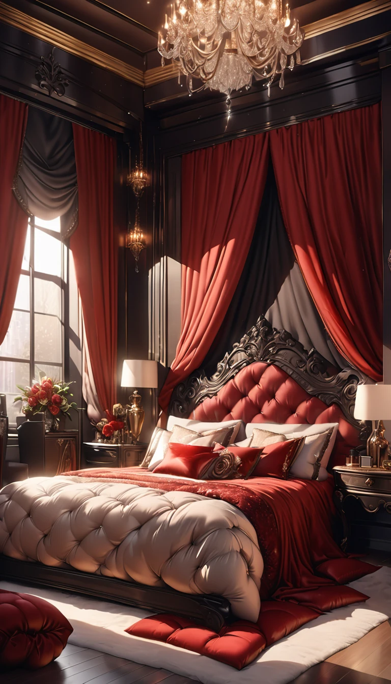 a fluffy red silk duvet, many large silk cushions, a luxurious and fluffy red silk bed, extremely detailed, high quality, 8k, best quality, photorealistic, studio lighting, lush, elegant, soft, delicate, rich, warm colors, serene, luxurious bedroom interior, plush, velvety, opulent, ornate, detailed silk textures, fine details, sumptuous, sophisticated, lavish, exquisite, opulent, refined, grandiose, magnificent