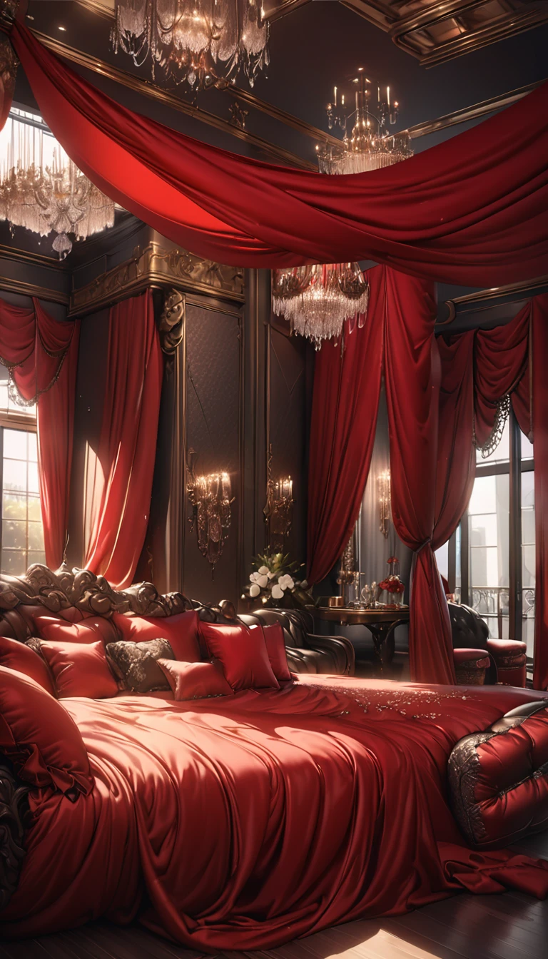 a fluffy red silk duvet, many large silk cushions, a luxurious and fluffy red silk bed, extremely detailed, high quality, 8k, best quality, photorealistic, studio lighting, lush, elegant, soft, delicate, rich, warm colors, serene, luxurious bedroom interior, plush, velvety, opulent, ornate, detailed silk textures, fine details, sumptuous, sophisticated, lavish, exquisite, opulent, refined, grandiose, magnificent
