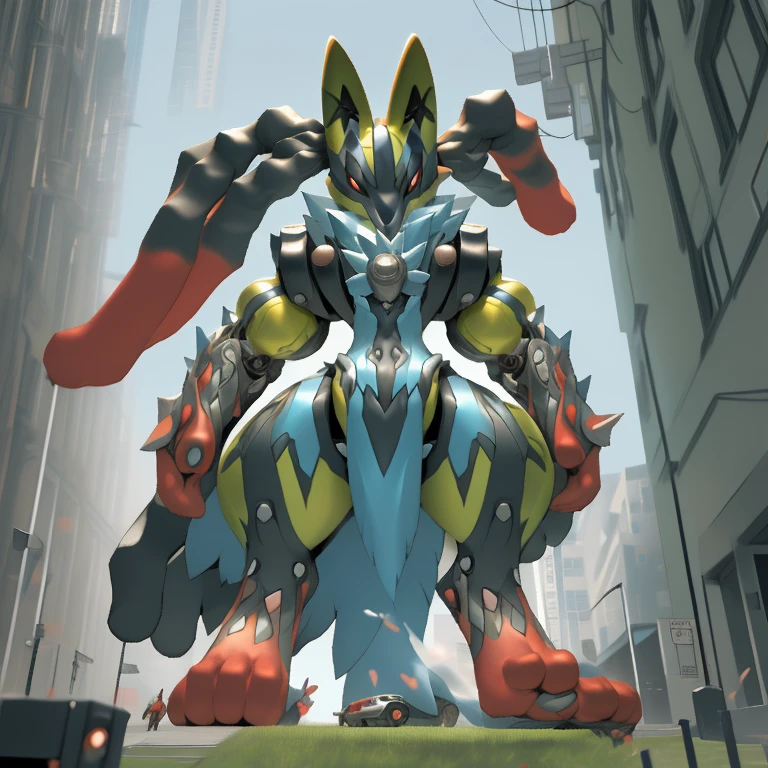 (masterpiece. official art. 8k. best quality. detailed full body. full body.)

(situation 1 : dominating mega lucario. focus GIANT mechanical Muscular mega lucario is trampling the CITY. macro. stomp. Low-angle perspective. emphasizing the immense size. The perspective is from below, emphasizing the sheer majesty and power of the Giant. giant art. He is much bigger than a skyscraper. Giga Giants. micro soccer field. looking down.)

(situation 2 :smoke and flames rising from the destruction in the city)

(Additional details 1: wearing a full-face helmet. high-tech bio-mecha armor. real texture material. whole body shines like metal. Wearing cyberpunk mecha. emphasizes the muscles. suit fully made of metal. intricate armor. Robotic suit. suit fully made of metal. cyborg. Powered exoskeleton with the same design as mega lucario).

(Additional details 2: (Detailed head. Detailed Body. Detailed abs. gigantic muscles. HYPER MUSCLES. Gigachad Muscular. big muscle. pecs. triceps. traps. unusually developed muscular body. body full of huge muscles. showing off muscles. pectorales enormes. Exaggeratedly huge muscles. huge muscles. long legs.).