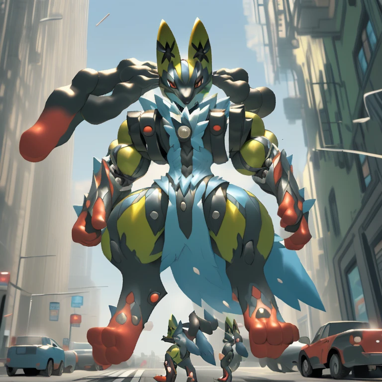 (masterpiece. official art. 8k. best quality. detailed full body. full body.)

(situation 1 : ting mega lucario. focus GIANT mechanical Muscular mega lucario is trampling the CITY. macro. stomp. Low-angle perspective. emphasizing the immense size. The perspective is from below, emphasizing the sheer majesty and power of the Giant. giant art. He is much bigger than a skyscraper. Giga Giants. micro soccer field. looking down.)

(situation 2 :smoke and flames rising from the destruction in the city)

(Additional details 1: wearing a full-face helmet. high-tech bio-mecha armor. real texture material. whole body shines like metal. Wearing cyberpunk mecha. emphasizes the muscles. suit fully made of metal. intricate armor. Robotic suit. suit fully made of metal. cyborg. Powered exoskeleton with the same design as mega lucario).

(Additional details 2: (Detailed head. Detailed Body. Detailed abs. gigantic muscles. HYPER MUSCLES. Gigachad Muscular. big muscle. pecs. triceps. traps. unusually developed muscular body. body full of huge muscles. showing off muscles. pectorales enormes. Exaggeratedly huge muscles. huge muscles. long legs.).