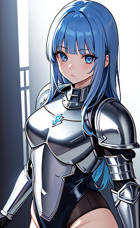 (close to viewer:1.5)、(masterpiece:1.5、Photorealistic:1.4,anime coloring:1.4、high resolution:1.4)、,(spot light:1.2、Exquisite beautiful eye:1.5,)、(stand:1.5)、()、(upper body:1.5)、
(kind eyes、tareme:1.4),()、(Cute Face)、(blue hair:1.5)、(middle hair:1.5),(sidelock :1.6),(blunt bangs:1.3),(1 girl)、(blue eyes:1.2)、(clear face:1.5),()、(solo)、(chromium　metal black :1.5) ,(Abdominal muscles),(medium breasts),(),(leotard armor:1.5),(Leg guard)、()、()、Slim Body(),Shiny Hair、
