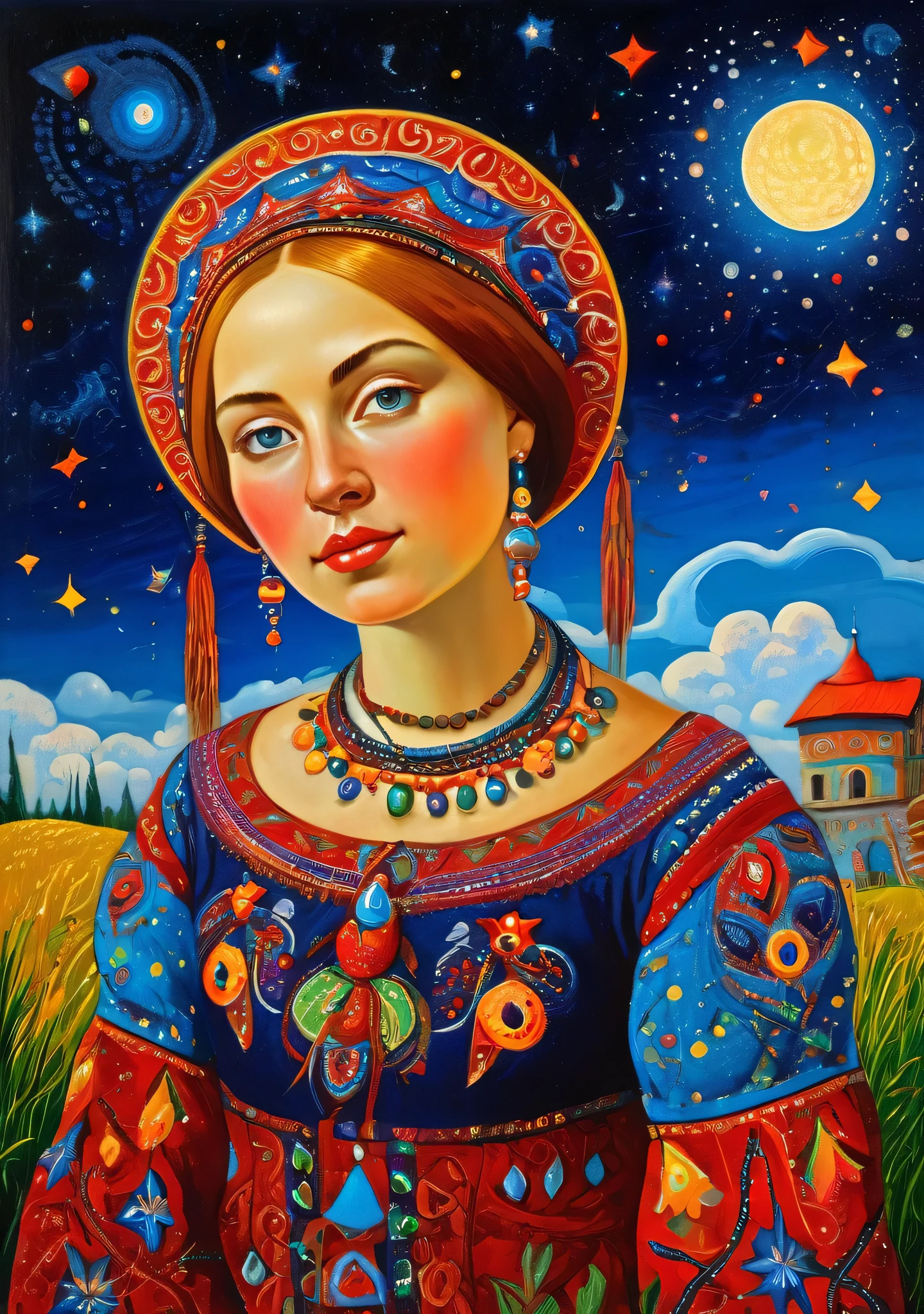  young Alenka, dream under the starry summer sky, Russian paraphernalia, from the shoulder, very colorful,
 Best Improvisation,  ((Mordecai-Ardon style!)), ((perfect full body detail)), magical naive art, primitivism, Protogen, crimson
, ((best qualityer, work of art)), ((higher detail)), cru:1,1, 8K