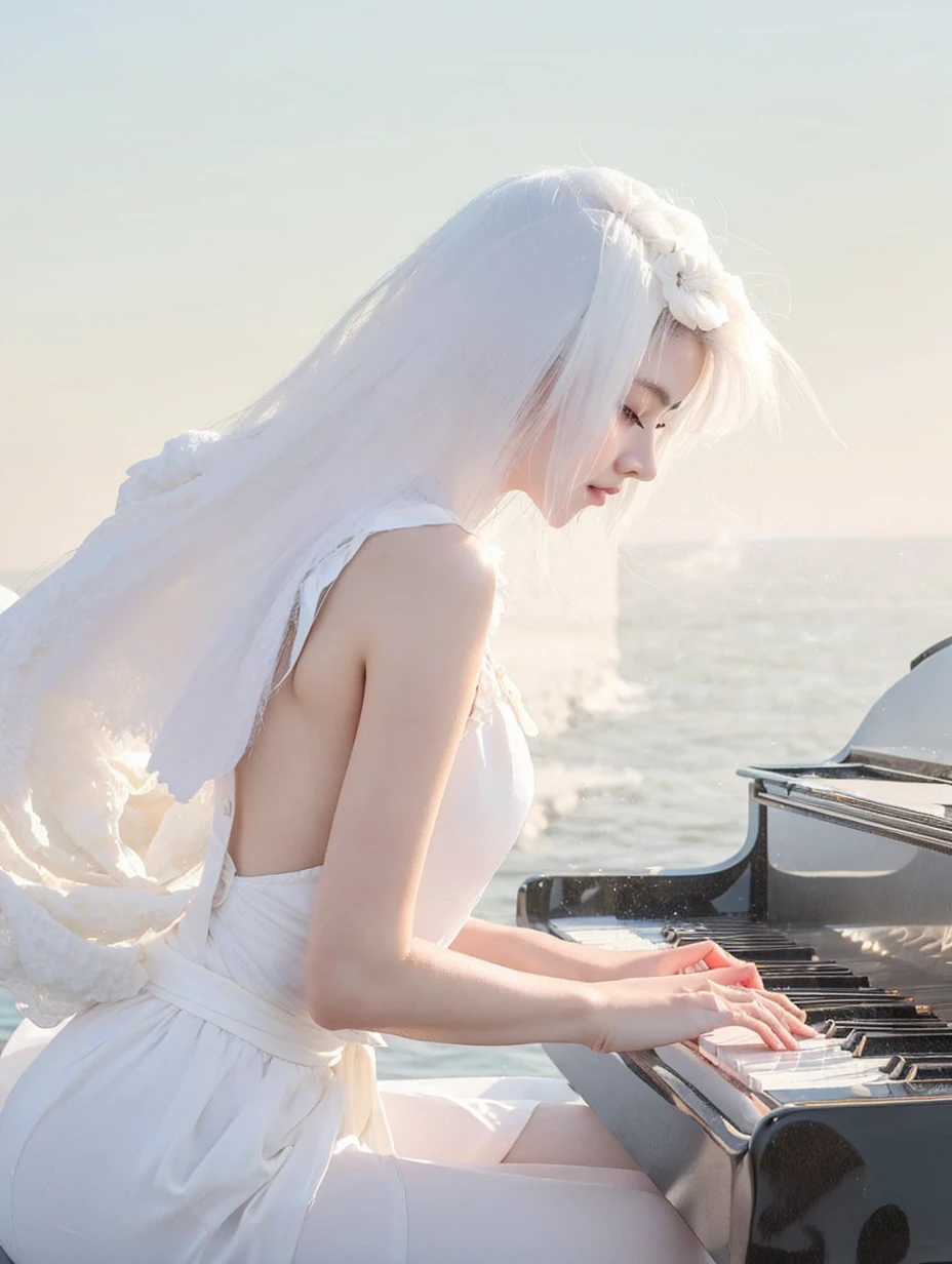 Beautiful Japanese Waifu, early 30s, white hair, white dress, playing piano at seasides 