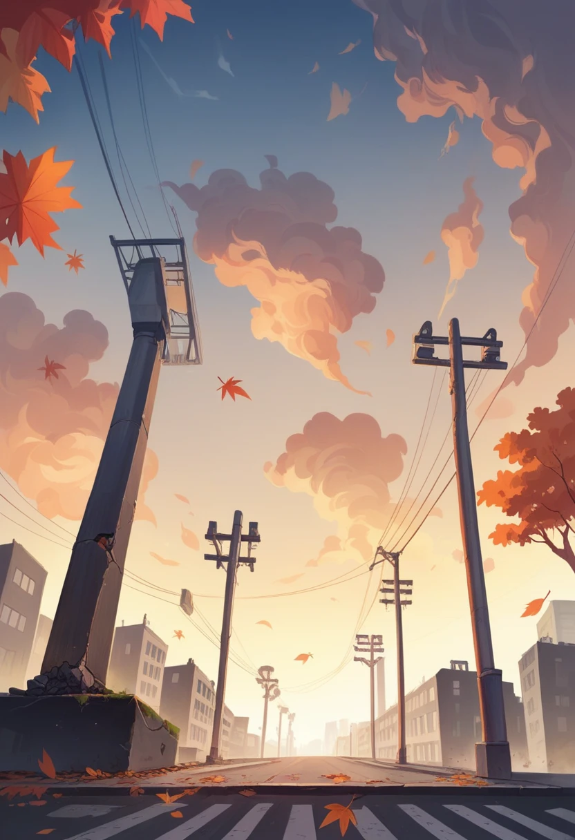 Japan, High resolution, Highest quality, figure,  Super detailed, (Detailed face), (Fine grain), Soft lighting, Highest quality, Faint glow, Dreamy atmosphere, Super detailed, masterpiece, One girl, alone, Silver Hair, Green Eyes, knit, Glowing Eyes, Medium chest, (colorful), Cowboy Shot, From below, Outdoor, morning, cloud, Skyscrapers in the background, industrial use, public transport, Urban, concrete buildings, concrete, Sidewalk, busy, wood, autumn, Fallen leaves,