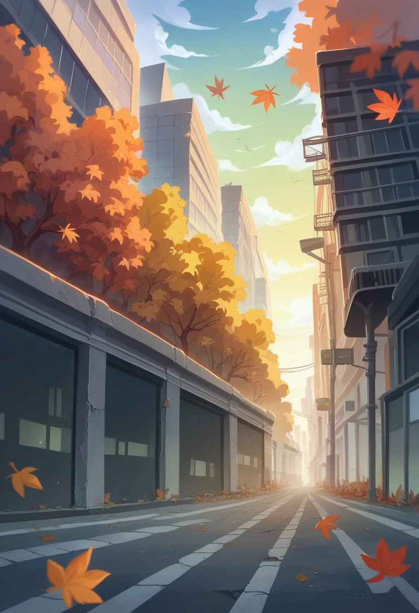 Japan, High resolution, Highest quality, figure,  Super detailed, (Detailed face), (Fine grain), Soft lighting, Highest quality, Faint glow, Dreamy atmosphere, Super detailed, masterpiece, One girl, alone, Silver Hair, Green Eyes, knit, Glowing Eyes, Medium chest, (colorful), Cowboy Shot, From below, Outdoor, morning, cloud, Skyscrapers in the background, industrial use, public transport, Urban, concrete buildings, concrete, Sidewalk, busy, wood, autumn, Fallen leaves,