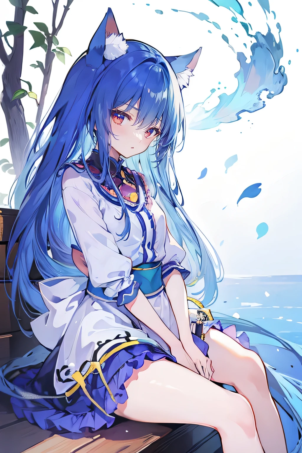 (masterpiece:1.2),Extremely detailed,Practical,expressive eyes,Fair skin,Perfect face shaping,1 Girl,
Japanese cartoons,Gorgeous blue hair, the long flowing blue hair,Floating clothes,Cat ears,Petals fall,beautiful lola,Angel,
Place your hands on your waist,sit elegantly on the ground,Cross your legs,Gentle and peaceful background,open sky。