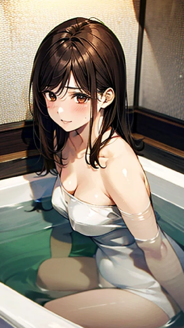 Front view:0.6. sexly, a woman with the body of a sexly asian in an asian bathtub with bubbling hot water, 1girl, solo, realistic, brown hair, breasts
