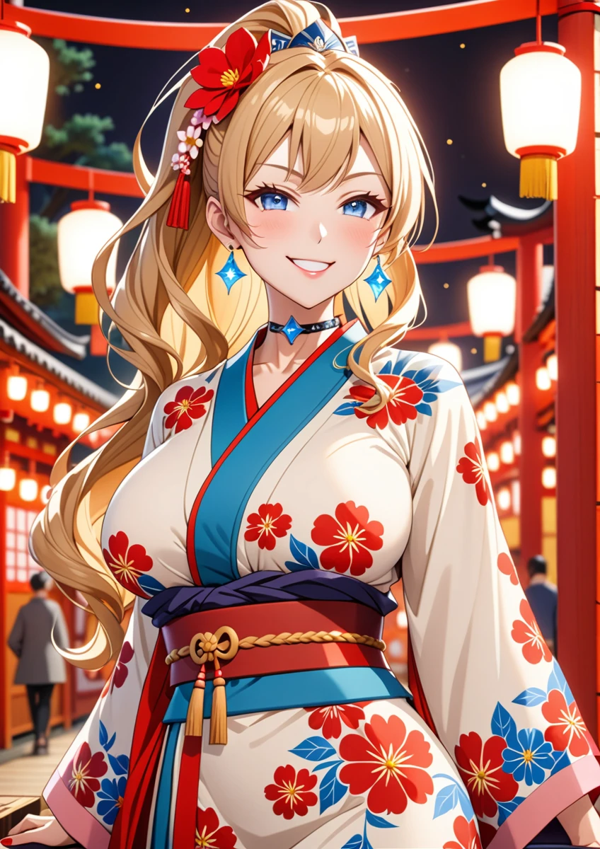 ((one girl)), hyper detailed, absurdres, 8K,Cute face, Beautiful Face, (Laugh shyly), ((teasing smile:1.8)), ((Wink:1.8)), (Laugh with your mouth wide open),(Tilt your head:1.3), View your viewers, ((Bright red cheeks:1.6)),Glossy Red Lips, ((Big Breasts:1.5)) night, Shrine festival stalls, (Brighten your face), ((Anime style background)),masterpiece, Highest quality, so beautiful,Latest, Complex details, (Pink long nails), (nail art), (ring),(bracelet), (Floral Choker),AI-generated, Complex,High resolution, Highest quality, super high quality,3D Images、3D Images,One person,Blonde long hair,(High Ponytail), (Wavy Hair), Anime woman posing for a photo, ((Fine grain、blue eyes、Shining Eyes:1.6)), (Squint your eyes:1.1),a hyperRealistic , hyperRealistic , Realistic,Long blonde anime woman, Smooth anime CG art, Pink large floral patternの刺繍が入った、A girl in a gorgeous kimono, ((White long-sleeved kimono)),(Pink large floral pattern) ,Long flower hair ornament,Floral Earrings,Mature Body, expensive,Abdominal muscles,Tight waist,((Zoom in on face:2.1)), (front view),