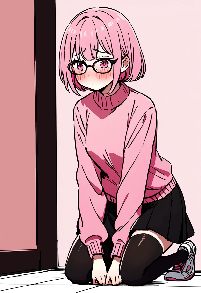 pink hair black glasses pink eyes extremely blushing a big pink sweater short black skirt black stockings white tennis shoes that is a reserved girl that is pouting