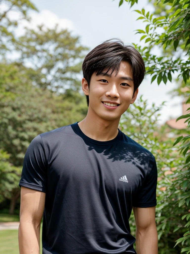 独奏: 1.5, (As a matter of fact, Masterpiece, 8k HD, good light quality, sportswear, fit the face, complicated details), A handsome, muscular young Korean man. , 20 years old, be happy, smile brightly, detailed face, delicate eyes, มองดูsky, Wear a navy tight T-shirt.:1.6, period, black eyes, Black hair color, ผมsmooth, smooth, outdoor sports, Along the garden, Sunny,sky,Surreal,Awesome details,Highest quality,real,Open your mouth to talk. , Close your eyes.