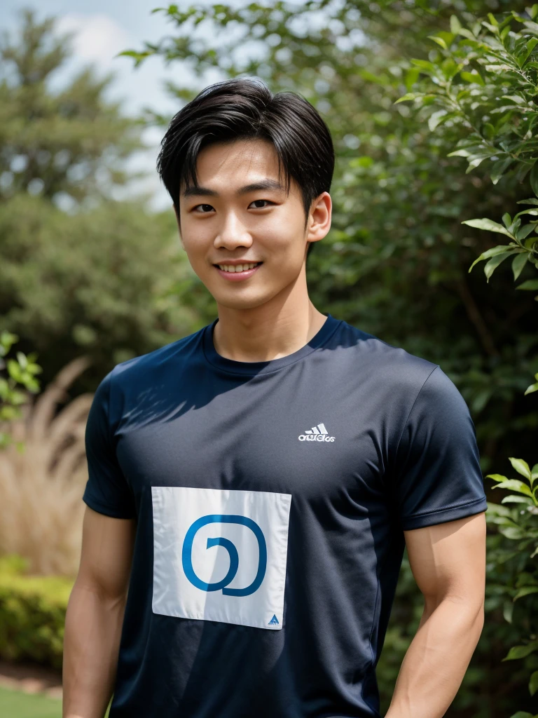 独奏: 1.5, (As a matter of fact, Masterpiece, 8k HD, good light quality, sportswear, fit the face, complicated details), A handsome, muscular young Korean man. , 20 years old, be happy, smile brightly, detailed face, delicate eyes, มองดูsky, Wear a navy tight T-shirt.:1.6, period, black eyes, Black hair color, ผมsmooth, smooth, outdoor sports, Along the garden, Sunny,sky,Surreal,Awesome details,Highest quality,real,Open your mouth to talk. , Close your eyes.