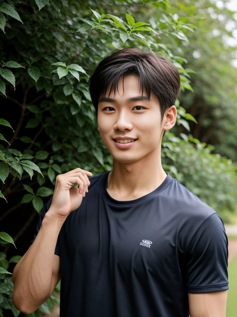 独奏: 1.5, (As a matter of fact, Masterpiece, 8k HD, good light quality, sportswear, fit the face, complicated details), A handsome, muscular young Korean man. , 20 years old, be happy, smile brightly, detailed face, delicate eyes, มองดูsky, Wear a navy tight T-shirt.:1.6, period, black eyes, Black hair color, ผมsmooth, smooth, outdoor sports, Along the garden, Sunny,sky，Surreal，Awesome details，Highest quality，real，Open your mouth to talk. , Close your eyes.