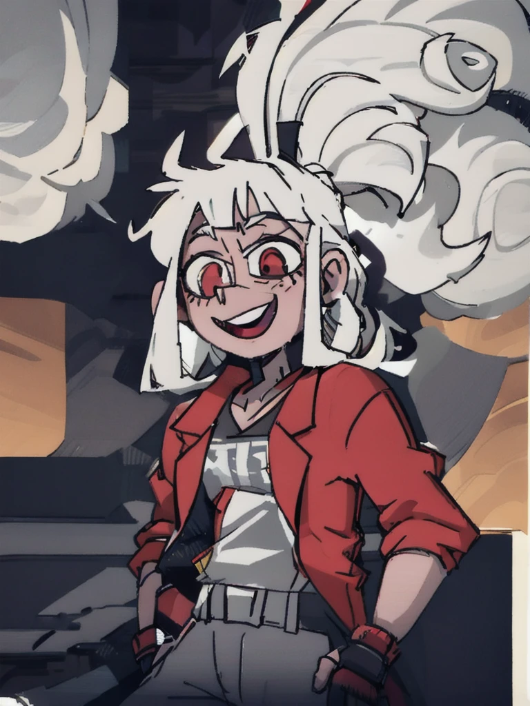 10Year old boy、White and red long hair、Red hoodie、Cyberpunk Style、A cheerful smile、whole body