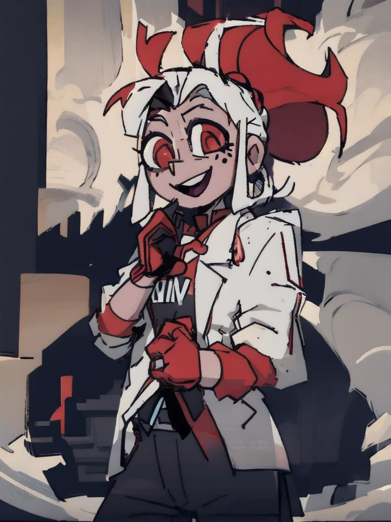 10Year old boy、White and red long hair、Red hoodie、Cyberpunk Style、A cheerful smile、whole body