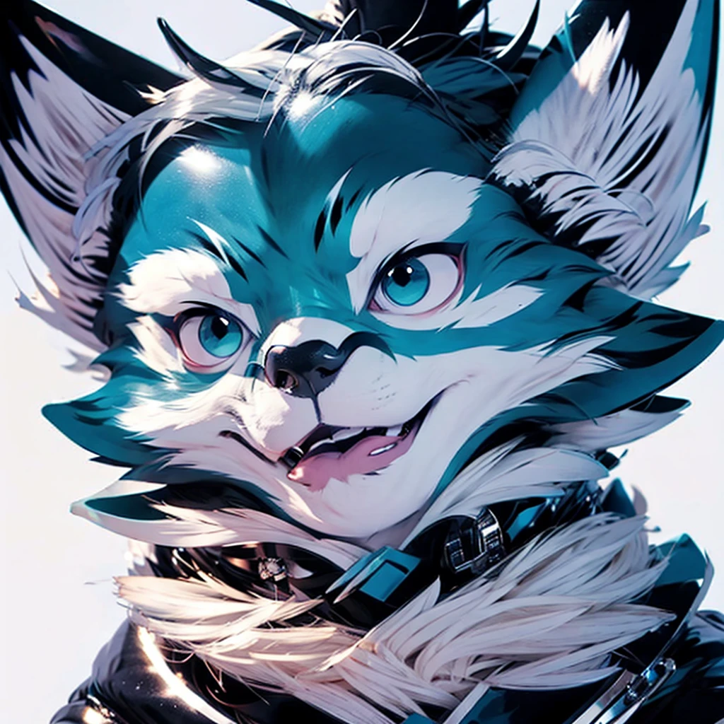 this illustration of male person, anthro junior wolf is wearing blue shiny rubber bodysuit, and blue shiny rubber full-face head, shiny, white background, in furry art style, sleek