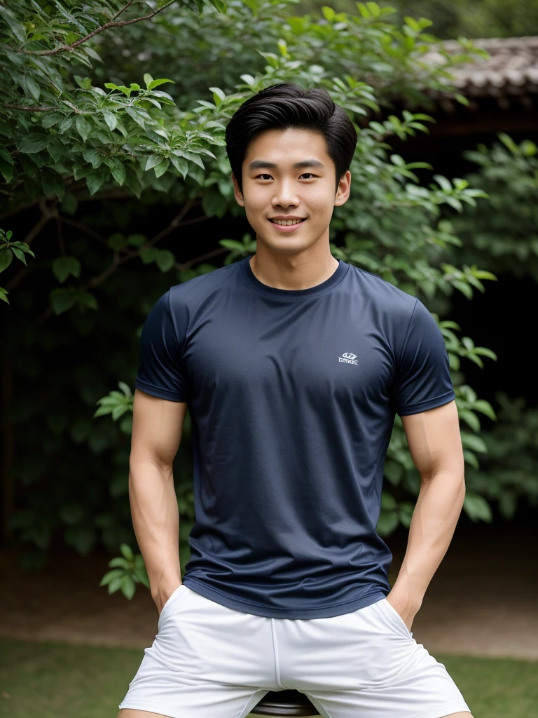 独奏: 1.5, (As a matter of fact, Masterpiece, 8k HD, good light quality, sportswear, fit the face, complicated details), A handsome, muscular young Korean man. , 20 years old, be happy, smile brightly, detailed face, delicate eyes, มองดูsky, Wear a navy tight T-shirt.:1.6, period, black eyes, Black hair color, ผมsmooth, smooth, outdoor sports, Along the garden, Sunny,sky,Surreal,Awesome details,Highest quality,real,Open your mouth to talk. , Close your eyes.