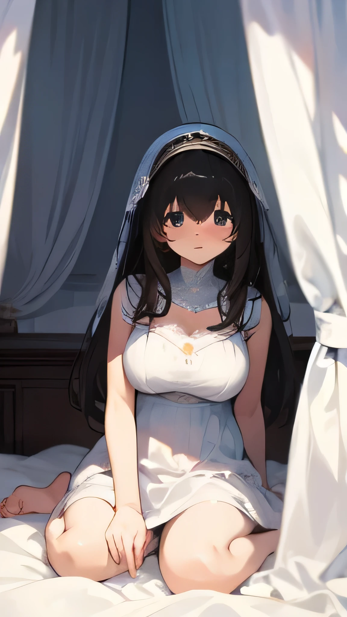 Pure white dress、Fumika Sagisawa sits on a luxurious canopy bed in an all-white room.