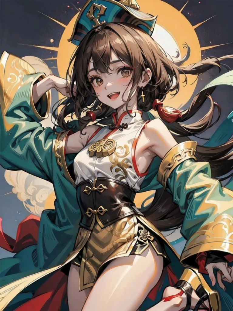 jiangshi, jiangshi costume, hat, talisman, wing, grey skin, colored skin, make up, 1girl, solo, small breasts, brown hair, long hair, brown eyes, blue dress, chinese clothes, long sleeves, detached sleeves, gold earrings, extended arms, exposed shoulders, sandals, teeth, smile chinese palace, seen from below, upper body score_9, score_8_up, score_7_up, score_6_up, score_5_up, score_4_up, BREAK source_anime, masterpiece