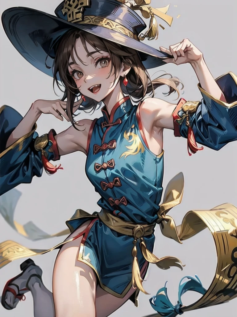 jiangshi, jiangshi costume, hat, talisman, wing, grey skin, colored skin, make up, 1girl, solo, small breasts, brown hair, long hair, brown eyes, blue dress, chinese clothes, long sleeves, detached sleeves, gold earrings, extended arms, exposed shoulders, sandals, teeth, smile chinese palace, seen from below, upper body score_9, score_8_up, score_7_up, score_6_up, score_5_up, score_4_up, BREAK source_anime, masterpiece