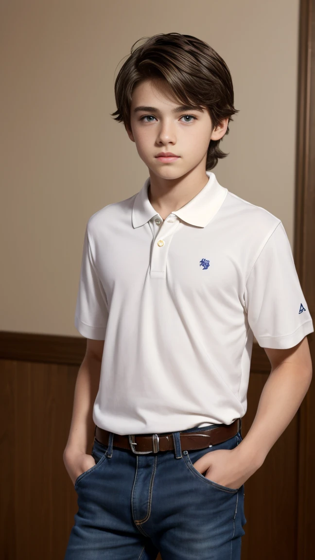Nathan Kress, ((12 years old, long dark-brown hair, hazel eyes)), defined jawline, extremely detailed face, off-white polo, tuck out, dark blue jeans, full body shot