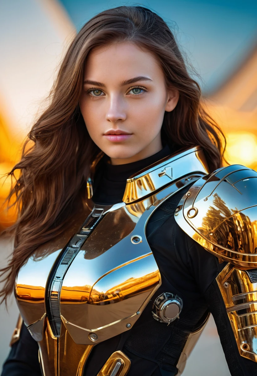 a beautiful 19 yo Arkansas woman with long brown hair, amber eyes, wearing a New Foundland military space battle suit next to gold and chrome futuristic Venusian spacecraft, intricate detailing, HDR, vibrant contrast, 32k resolution, luminism lighting techniques, ultra-realistic digital render, bokeh, mass effect, close up black, beauty, pure perfection, divine presence, unforgettable, impressive, breathtaking beauty, Volumetric light, auras, rays, 8k uhd, dslr, soft lighting, high quality, natural textures 8k masterpiece canon eos r4s 50