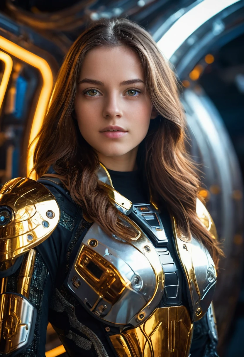a beautiful 19 yo Arkansas woman with long brown hair, amber eyes, wearing a New Foundland military space battle suit next to gold and chrome futuristic Venusian spacecraft, intricate detailing, HDR, vibrant contrast, 32k resolution, luminism lighting techniques, ultra-realistic digital render, bokeh, mass effect, close up black, beauty, pure perfection, divine presence, unforgettable, impressive, breathtaking beauty, Volumetric light, auras, rays, 8k uhd, dslr, soft lighting, high quality, natural textures 8k masterpiece canon eos r4s 50