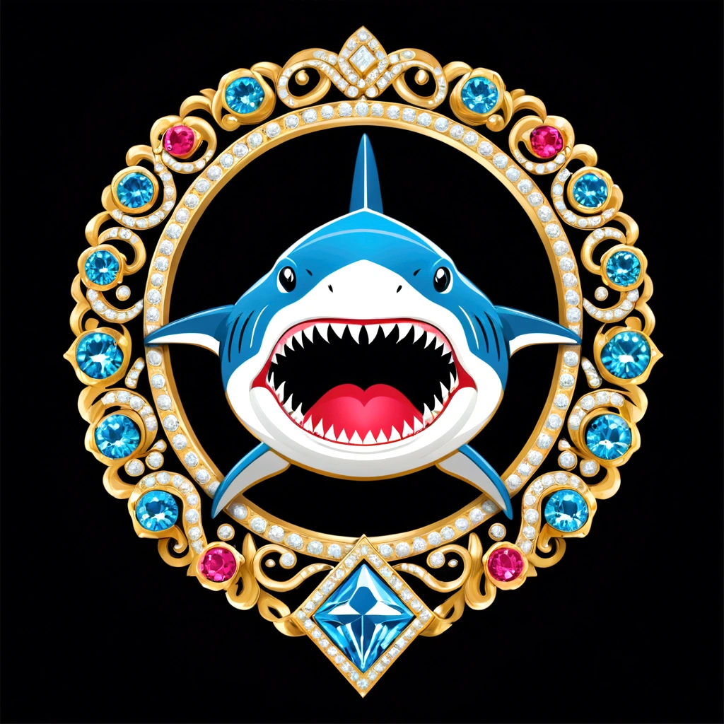 The elegant logo is written ("creole art GP") Diamant, ("creole art GP") segurando um Diamant brilhante acima da vista frontal estilo retrato de sua cabeça, shark face, no fundo aparece um gosto de tubarão com os fone de ouvido  Diamant brilhante, dark blue. Farbe. 
