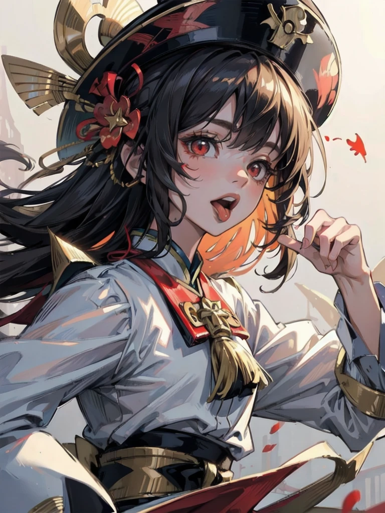 best quality,highly detailed, ultra-detailed, masterpiece, 8k wallpaper,(chirmeral:1.7), ,realistic, (dramatic angle:1.3), (dynamic angle:1.3),
solo, hat, 1girl, star (symbol), hat ornament, red eyes, ofuda, star hat ornament, looking at viewer, upper body, bangs, jiangshi, blood, blood on face, tongue, chinese clothes, ribbon, tongue out, long hair, shirt, medium hair, flower