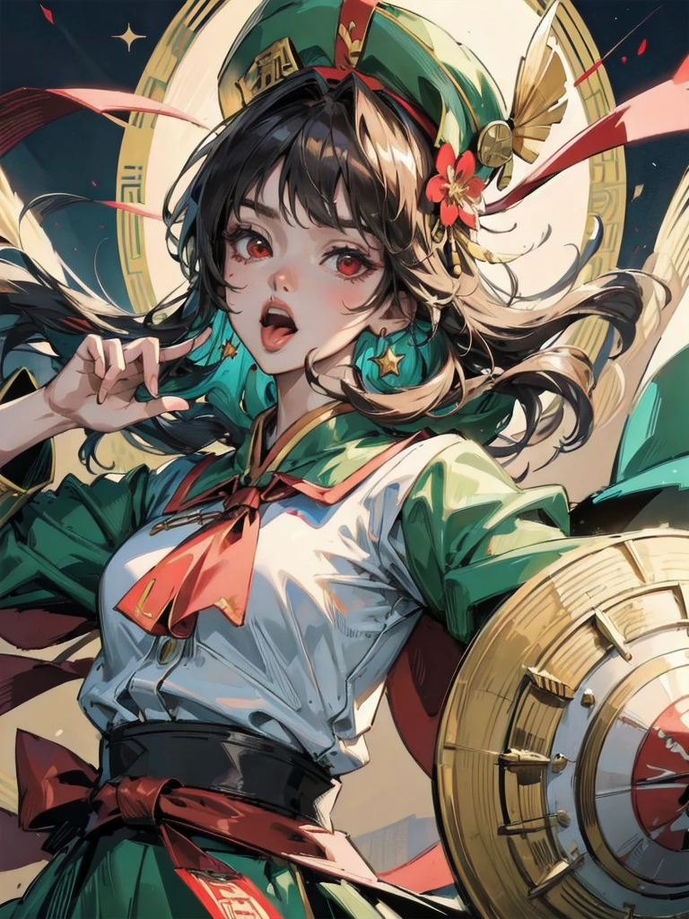 best quality,highly detailed, ultra-detailed, masterpiece, 8k wallpaper,(chirmeral:1.7), ,realistic, (dramatic angle:1.3), (dynamic angle:1.3),
solo, hat, 1girl, star (symbol), hat ornament, red eyes, ofuda, star hat ornament, looking at viewer, upper body, bangs, jiangshi, blood, blood on face, tongue, chinese clothes, ribbon, tongue out, long hair, shirt, medium hair, flower