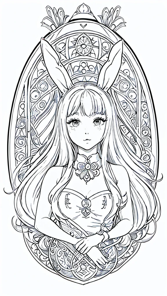 (Bunny girl:1.5), 8k, black and white drawing of circular design, intricate thin lines, centering radial design, coloring pages, simplified zentangle, coloring book outline, black and white only, no outline, intricate designs, coloring book, celtic design, intricate lines, no gradients